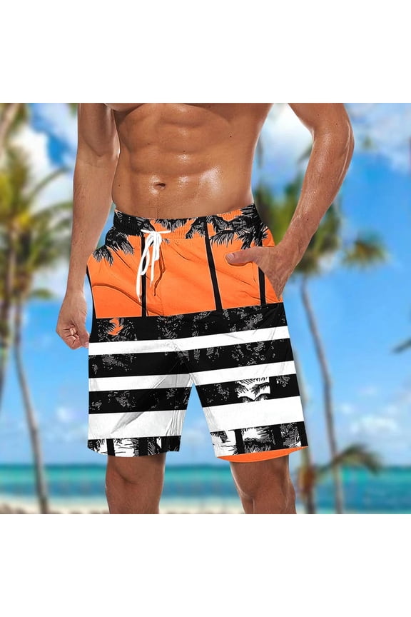 Men's Swim Trunks Athletic Hawaii Bathing Quick Dry Striped Printed Drawstring Elastic Waist Beach Shorts with Pockets Orange L