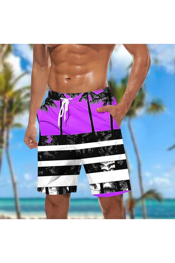 Men's Swim Trunks Athletic Hawaii Bathing Quick Dry Striped Printed Drawstring Elastic Waist Beach Shorts with Pockets Purple 3XL