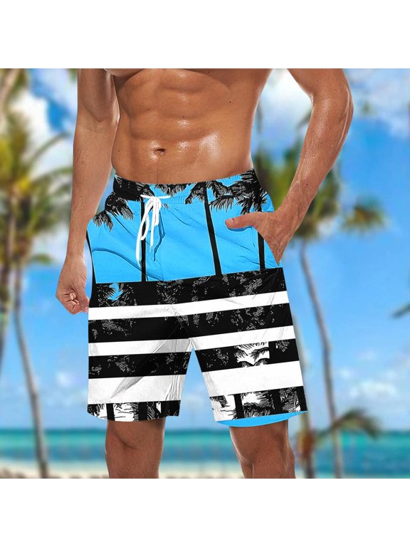 Men's Swim Trunks Athletic Hawaii Bathing Quick Dry Striped Printed Drawstring Elastic Waist Beach Shorts with Pockets Sky Blue XXL