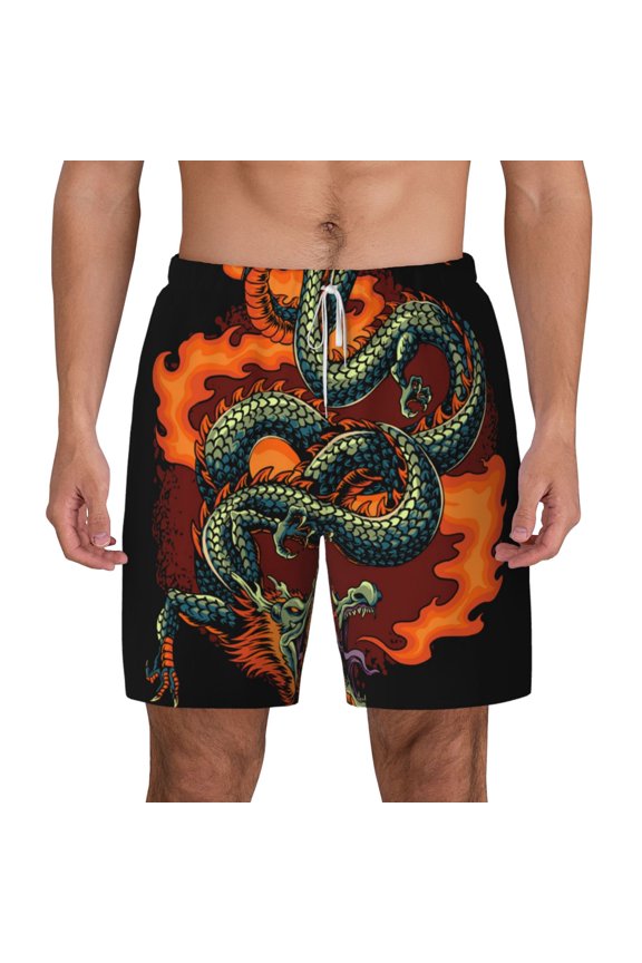 Men's Swim Trunks Beach Board Shorts Bathing Suits 3D Swimsuit Fire Dragon Red Flaming
