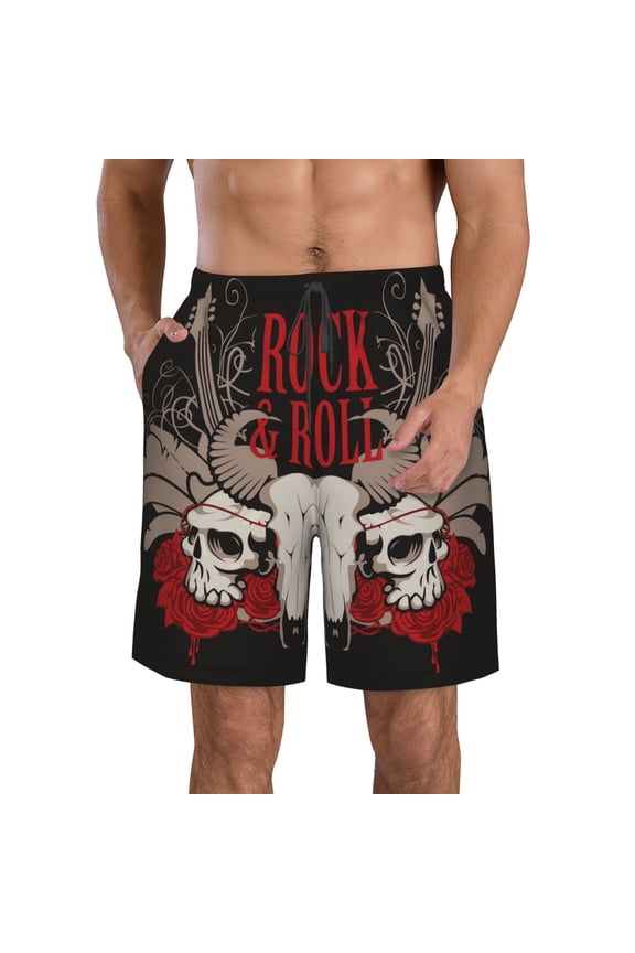 Men's Swim Trunks Beach Surf Board Shorts Swimwear Bathing Suits,Rock And Roll Guitar Skull Roses