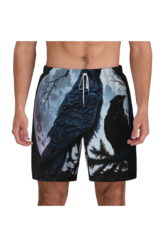 Men's Swim Trunks Board Shorts Beach Swimwear Bathing Suits Wolf Raven Moonlight Moon Night