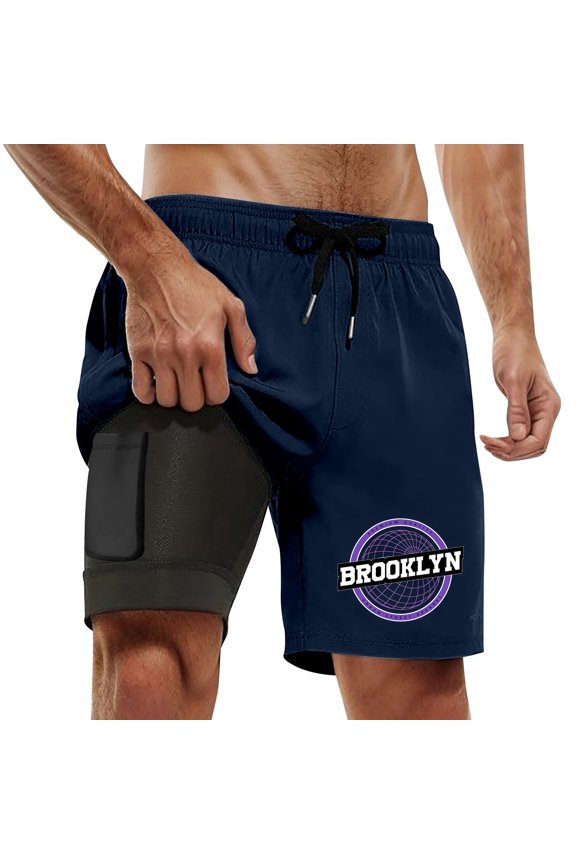 Men's Swim Trunks Brooklyn Letters Quick Dry 2 In 1 Swim Shorts Board Shorts With Pockets Beach Swimwear Navy L
