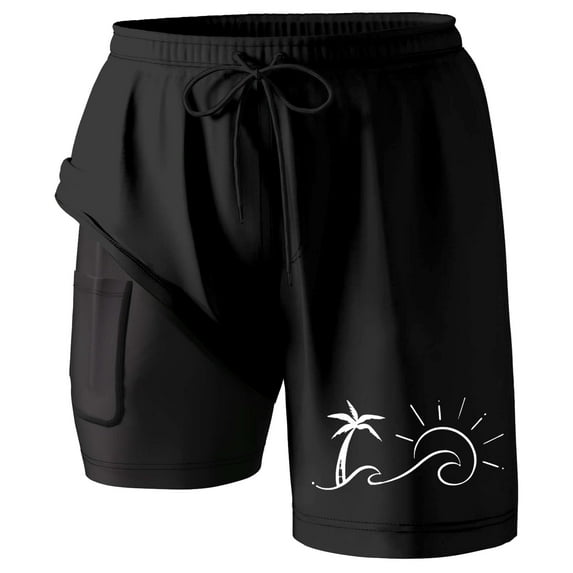 Men's Swim Trunks with Compression Liner 9 Inch Stretchy Quick Dry Expandable Waist Stretch Swim Shorts Men Printing Slim Fit Compression Liner Swimwear,Black,M