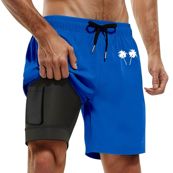 Men's Swim Trunks with Compression Liner, Inseam Board Shorts, 95% Polyester 5% Spandex, Drawstring Waist, Colorful Tree Patterns, Ideal for Beach & Water Sports, Multiple Sizes