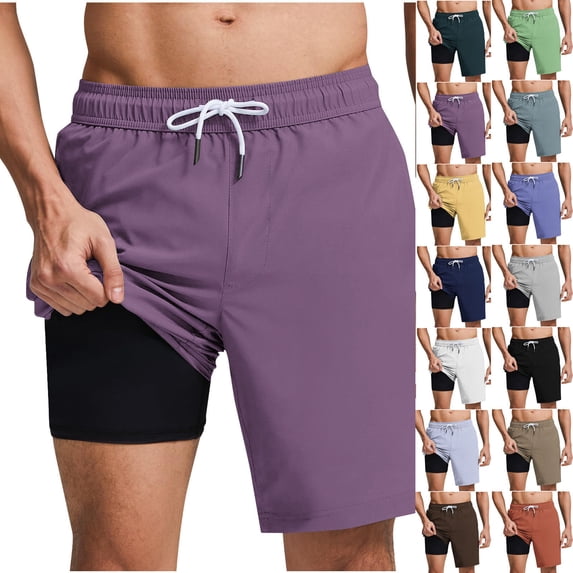 Men’s Swim Trunks with Compression Liner Quick Dry Beach Swim Shorts Elastic Waist Drawstring Lightweight 2 in 1 Board Shorts for Swimming Surfing Vacation