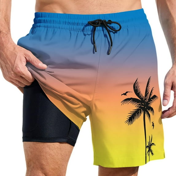Men's Swim Trunks Gradient Coconut Tree Pattern Quick Dry Swim Shorts Mens Swimsuit Board Shorts With Pockets Yellow S