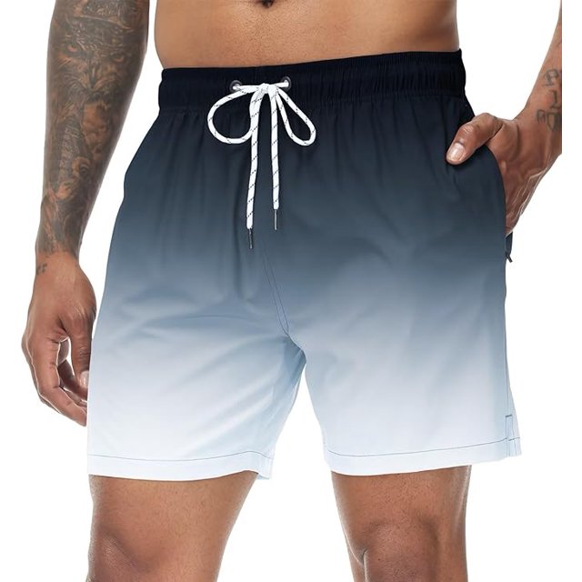 Men's Swim Trunks Gradient Color Quick Dry Beach Shorts with Zipper