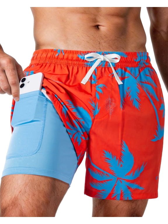 Mens Swim Trunks with Compression Liner Swim Shorts with Pockets Quick Dry, S-XXL