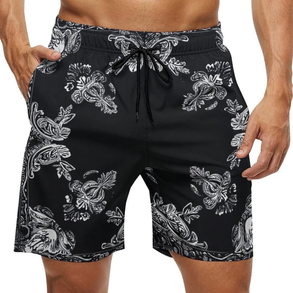 Men's Swim Trunks Quick Dry Bathing Suit Swimming Board Shorts Mesh Lining Beach Swimwear Black Bandana Paisley