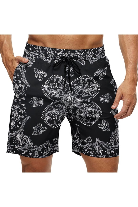 Men's Swim Trunks Quick Dry Bathing Suit Swimming Board Shorts Mesh Lining Beach Swimwear Black Bandana Paisley