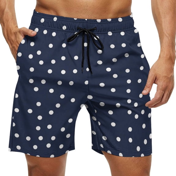 Men's Swim Trunks Quick Dry Bathing Suit Swimming Board Shorts Mesh Lining Beach Swimwear Dark Blue White Polka Dots