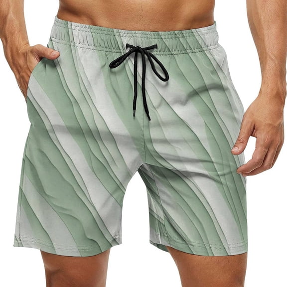 Men's Swim Trunks Quick Dry Bathing Suit Swimming Board Shorts Mesh Lining Beach Swimwear Light Green White Striped