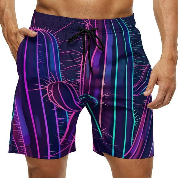Men's Swim Trunks Quick Dry Bathing Suit Swimming Board Shorts Mesh Lining Beach Swimwear Neon Cactus