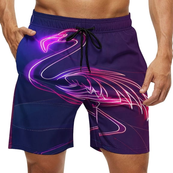 Men's Swim Trunks Quick Dry Bathing Suit Swimming Board Shorts Mesh Lining Beach Swimwear Neon Flamingo