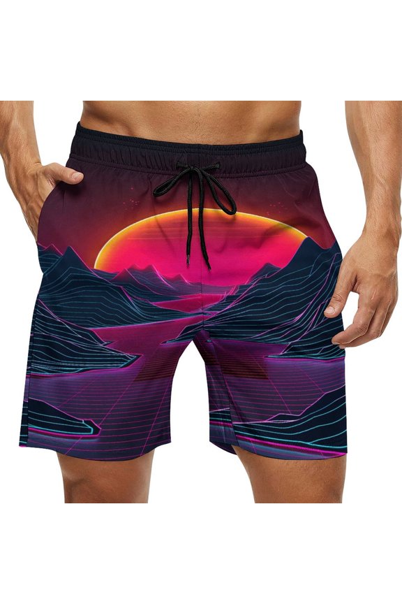 Men's Swim Trunks Quick Dry Bathing Suit Swimming Board Shorts Mesh Lining Beach Swimwear Neon Valley Cyber Future
