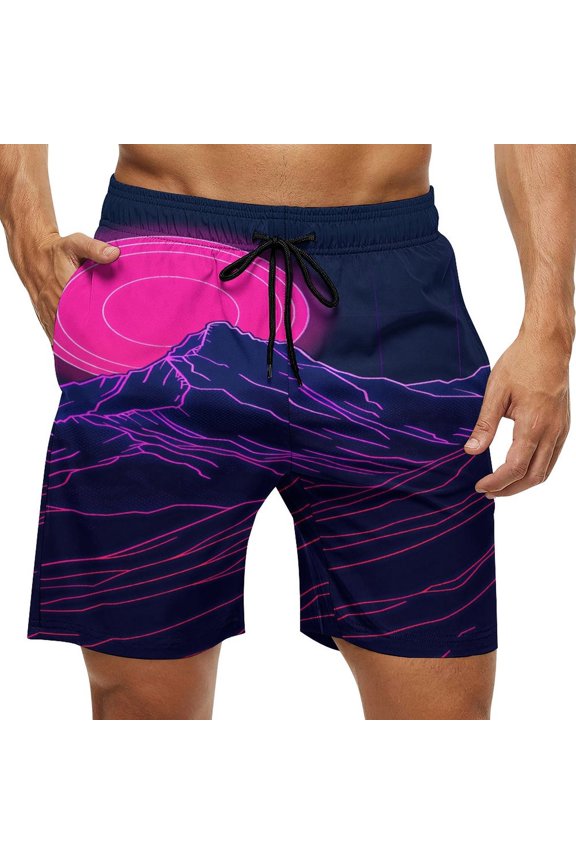 Men's Swim Trunks Quick Dry Bathing Suit Swimming Board Shorts Mesh Lining Beach Swimwear Neon Valley Cyber Future