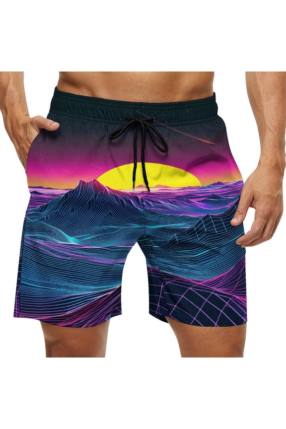 Men's Swim Trunks Quick Dry Bathing Suit Swimming Board Shorts Mesh Lining Beach Swimwear Neon Valley Cyber Future