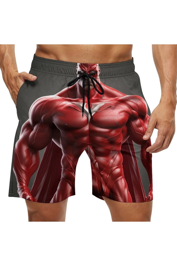 Men's Swim Trunks Quick Dry Bathing Suit Swimming Board Shorts Mesh Lining Beach Swimwear Red Muscle Hero