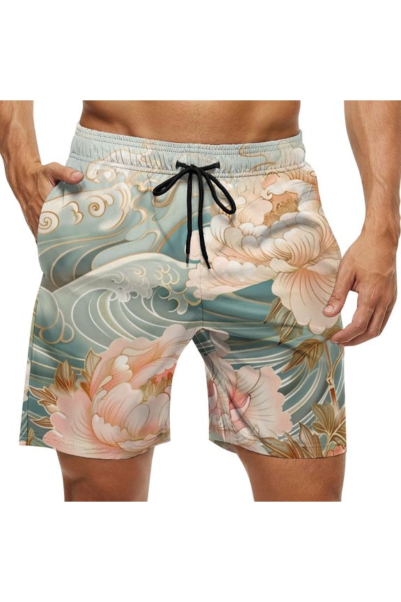 Men's Swim Trunks Quick Dry Bathing Suit Swimming Board Shorts Mesh Lining Beach Swimwear Wave Peony