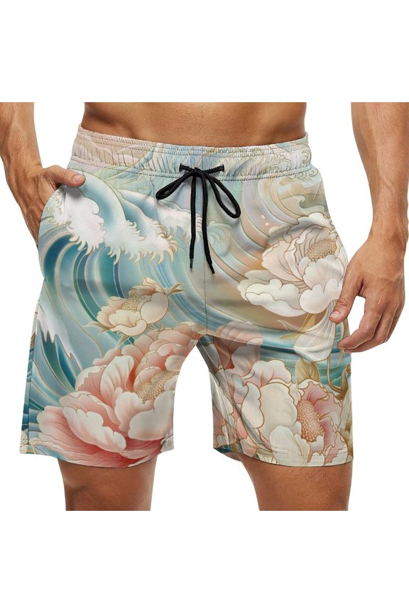 Men's Swim Trunks Quick Dry Bathing Suit Swimming Board Shorts Mesh Lining Beach Swimwear Wave Peony