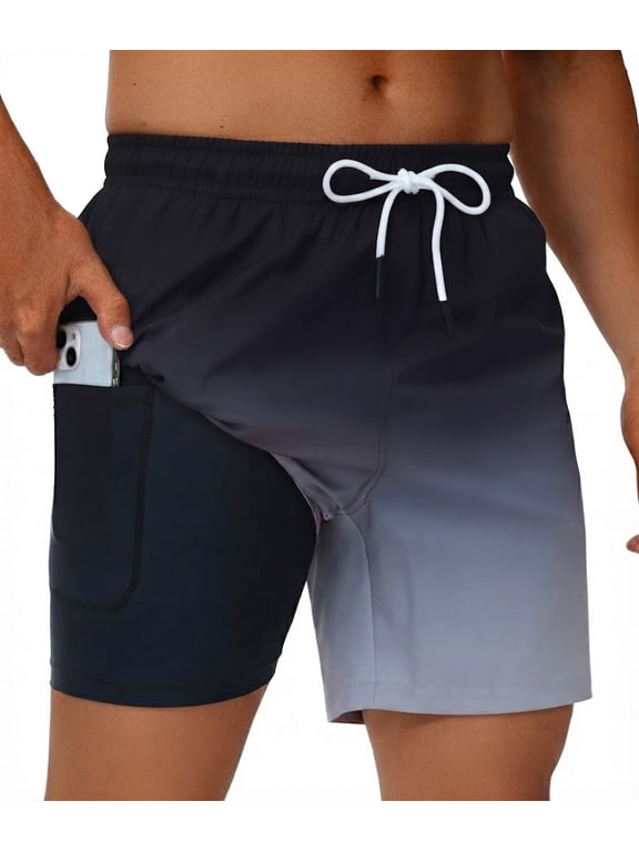 Men's Swim Trunks Quick Dry Loose Fit Board Shorts with Drawstring, Summer Beach Swimwear, Black Gray Gradient L