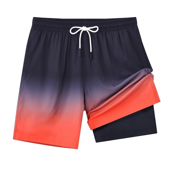 Men's Swim Trunks Quick Dry Loose Fit Board Shorts with Drawstring, Summer Beach Swimwear, Black Orange Gradient L