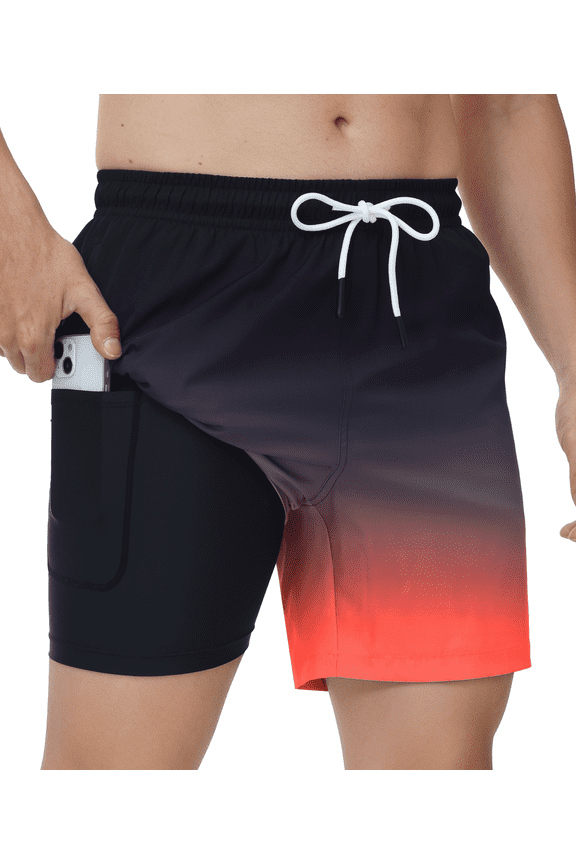 Men's Swim Trunks Quick Dry Loose Fit Board Shorts with Drawstring, Summer Beach Swimwear, Black Orange Gradient L