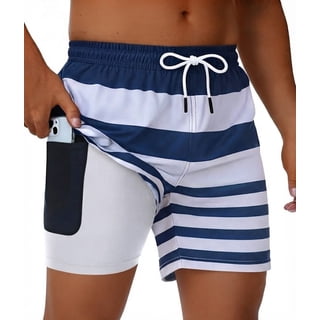 Men's Swim Trunks Quick Dry Loose Fit Board Shorts with Drawstring, Summer Beach Swimwear, Navy White Striped L