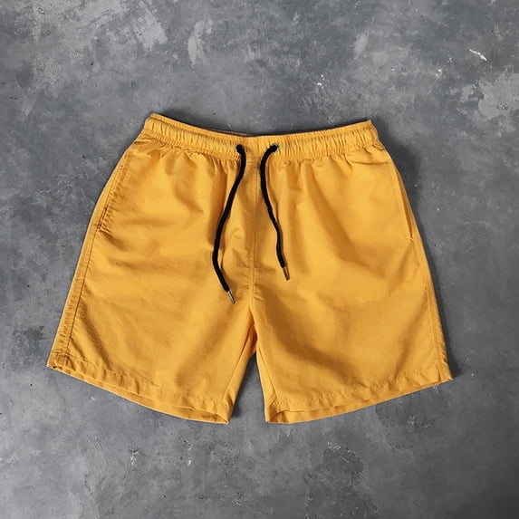 Men's Swim Trunks Solid Elastic Waist Quick Dry Swimsuit Board Shorts Beach Lightweight Bathing Suit Bottom With Drawstring Yellow L