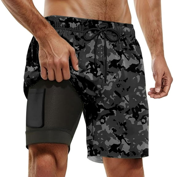 Men's Swim Trunks Summer Casual Camo With Double Layer Inside Pockets Beach Shorts For Men Swim Shorts Black XXXL