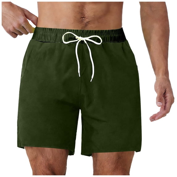 Men's Swim Trunks Summer Solid Color Breathable Quick-Drying Beach Shorts Elastic Waist Drawstring Swim Trunks