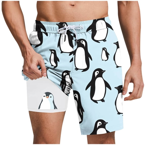 Men's Swim Trunks with Compression Liner 2 in 1 Board Beach Shorts Fashion Print Elastic Waist Casual Shorts