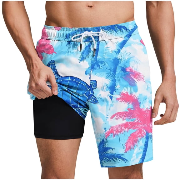 Men's Swim Trunks with Compression Liner 2 in 1 Board Beach Shorts Fashion Print Elastic Waist Casual Shorts
