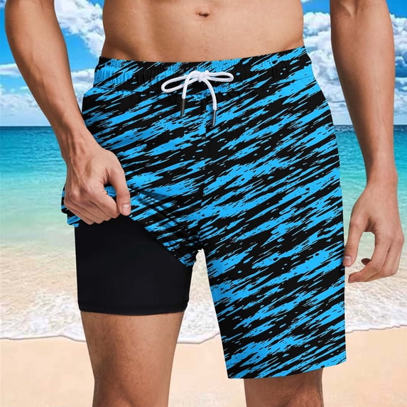 Men's Swim Trunks with Compression Liner 7 Inch Hawaiian Beach Board Shorts Quickly Dry Elastic Waist Drawstring Swimwear