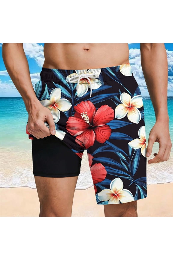 Men's Swim Trunks with Compression Liner 7 Inch Hawaiian Beach Board Shorts Quickly Dry Elastic Waist Drawstring Swimwear