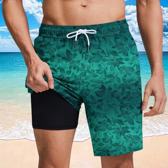 Men's Swim Trunks with Compression Liner 7 Inch Hawaiian Beach Board Shorts Quickly Dry Elastic Waist Drawstring Swimwear
