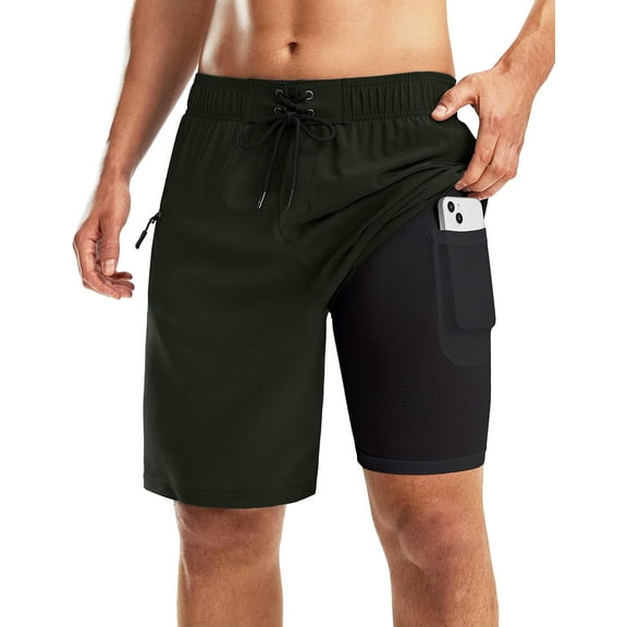 Men's Swim Trunks with Compression Liner 9 Inch Quick Dry Swimsuit Swimming Swim Board Shorts for Men with Pockets