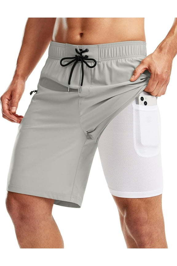 Men's Swim Trunks with Compression Liner 9 Inch Quick Dry Swimsuit Swimming Swim Board Shorts for Men with Pockets