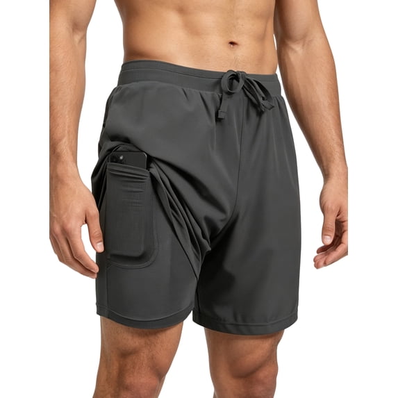 Men's Swim Trunks with Compression Liner Stretch Swimming Shorts with Pockets Dark Gray L