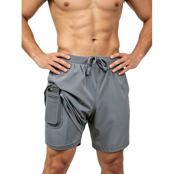 Men's Swim Trunks with Compression Liner Stretch Swimming Shorts with Pockets Light Gray M