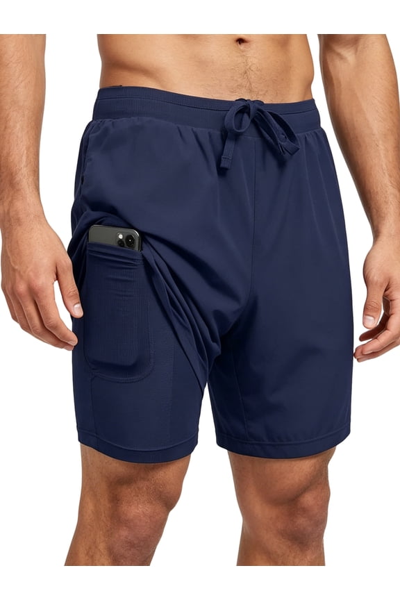 Men's Swim Trunks with Compression Liner Stretch Swimming Shorts with Pockets Navy Blue L