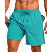 Mens Swim Trunks with Compression Liner, Summer Quick Dry Beach Drawstring Board Shorts 5" Inseam Swimwear Swimsuit Swimming Shorts for MenS, Mint Green