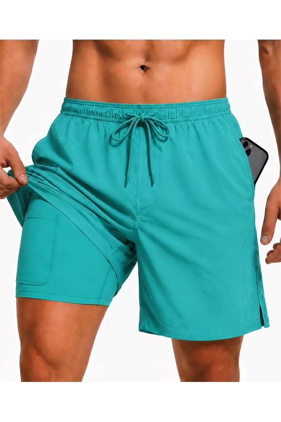 Men's Swim Trunks with Compression Liner, Summer Quick Dry Beach Drawstring Board Shorts,5" Inseam Swimwear Swimsuit Swimming Shorts for Men(M, Mint Green)