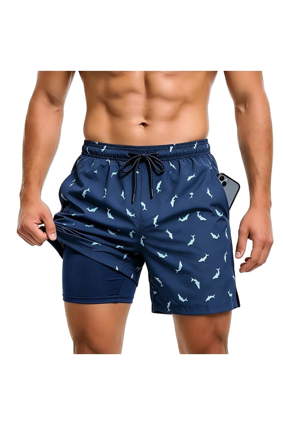 Men's Swim Trunks with Compression Liner, Summer Quick Dry Beach Drawstring Board Shorts，5" Inseam(L, Blue Shark)