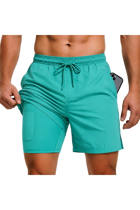 Men's Swim Trunks with Compression Liner, Summer Quick Dry Beach Drawstring Board Shorts,5" Inseam Swimwear Swimsuit Swimming Shorts for Men(M, Mint Green)