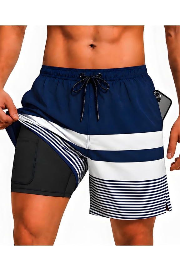 Men's Swim Trunks with Compression Liner, Summer Quick Dry Beach Drawstring Board Shorts,5" Inseam Swimwear Swimsuit Swimming Shorts for Men(L, Blue+White)