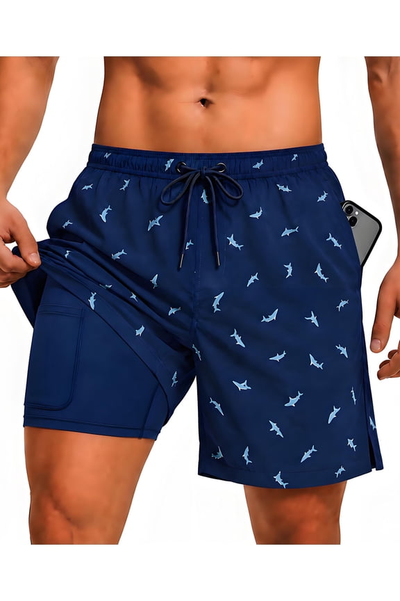 Men's Swim Trunks with Compression Liner, Summer Quick Dry Beach Drawstring Board Shorts，5" Inseam Swimwear Swimsuit Swimming Shorts for Men(L, Blue Shark)