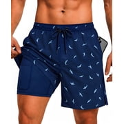 Mens Swim Trunks with Compression Liner, Summer Quick Dry Beach Drawstring Board Shorts 5" Inseam Swimwear Swimsuit Swimming Shorts for MenL, Blue Shark