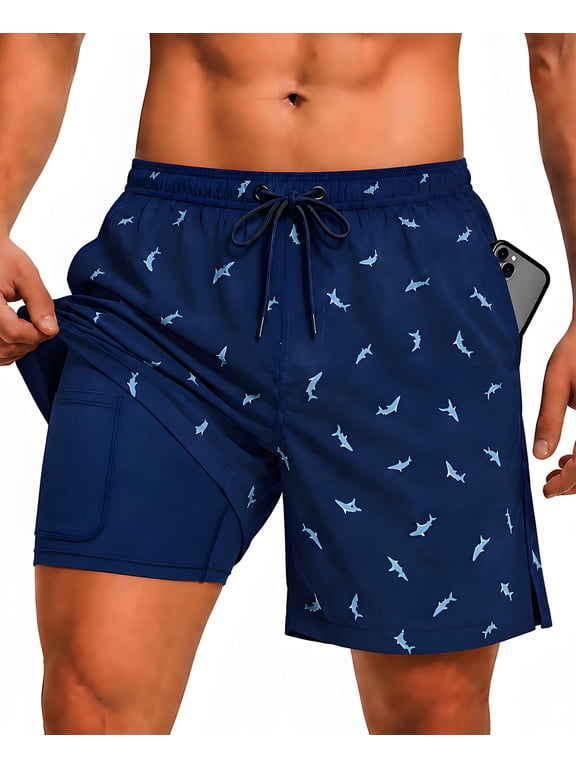 Men's Swim Trunks with Compression Liner, Summer Quick Dry Beach Drawstring Board Shorts,5" Inseam Swimwear Swimsuit Swimming Shorts for Men(L, Blue Shark)